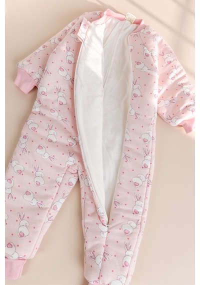 Babymod Tavşan Desenli 2,5 Tog Elyaf Dolgulu Premium Kalite 100% Pamuk Penye Astarlı Çocuk Uyku Tulumu Pembe