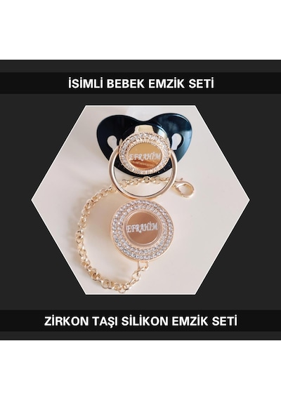 Sahi Aksesuar İsimli Zirkon Taşlı Silikon Bebek Emzik Seti Mavi