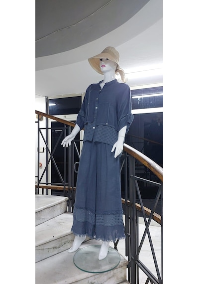 Bohem Stil İtalyan Fisto Detaylı Keten Pantolon Ceket Takım-9196 Gri