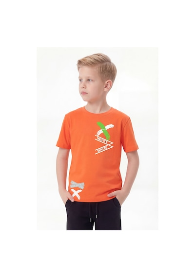 Panios Kids White Yazı Baskılı Yuvarlak Yaka Kısa Kollu Erkek Çocuk Yazlık Tişört Turuncu