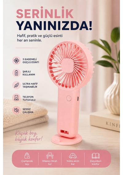 Şarjlı Mini Fan Vantilatör 3 Kademeli Masaüstü Kullanımlı El Fanı Telefon Tutuculu Usb Taşınabilir Sessiz