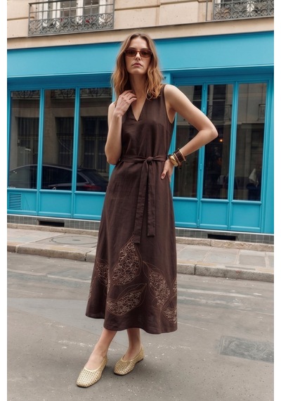 Sateen Nakışlı Kolsuz Elbise - Koyu Kahve-137492 Koyu Kahverengi