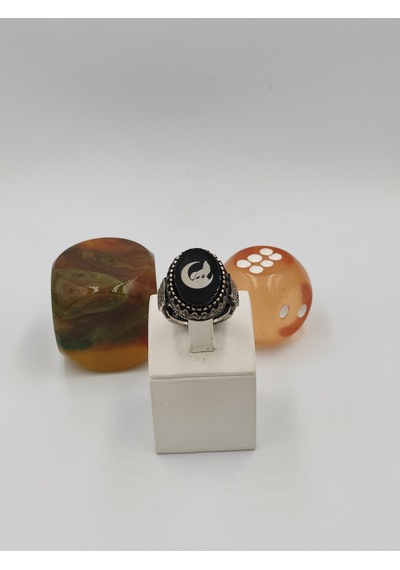Siyah Kehribar Taşlı Hilal Bozkurt 925 Ayar 24 Mm 12,40 G. Erkek Yüzüğü Gümüş