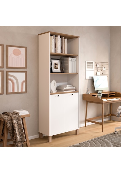 Robin Home Alaska Kitaplık Raf Ahşap Ayaklı 180cm Kapaklı Sepet-beyaz-jüt Beyaz