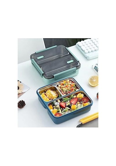 Vagonlife Bento 950ml Lunchbox Tek Katlı 3 Bölmeli Çelik Sefer Tası Yemek Kutusu Lacivert-sarı Diğer