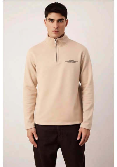 Benerly Erkek Dik Yaka Standart Kol Nakışlı Sweatshirt Fonksiyonel Dayanı Bej