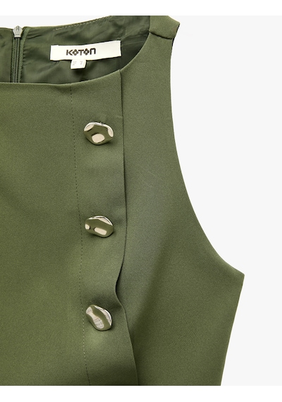Koton Slim Fit Kolsuz Kayık Yaka Önden Mücevher Düğmeli Yelek Haki 7wak20019pw