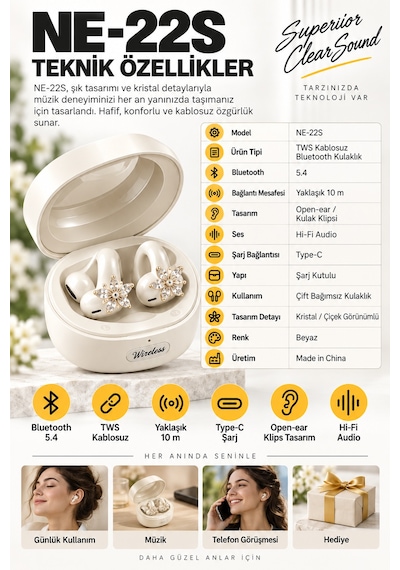 Ne-22s Tws Kablosuz Bluetooth 5.4 Open-ear Klips Küpeli Bayan Kulaklığı - Beyaz