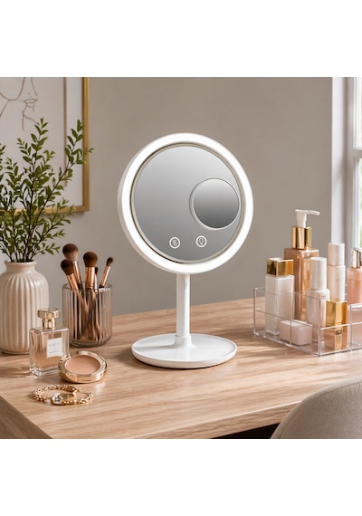 Fanlı Led Işıklı Makyaj Aynası Usb & Pilli Çalışma Dokunmatik Kontrollü 2 Kademeli Fanlı Kozmetik Ayna 34 Cm Beyaz