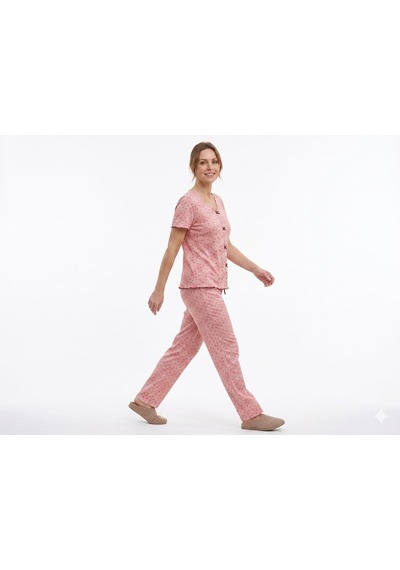 Sleeproom Yazlık Pudra Çiçek Desenli Kısa Kol Penye %100 Pamuk Pijama Takım Pembe Leylak Çıtır Çiçek