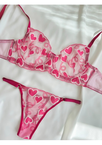 Arinda Love İn The Air Pembe Kalp Desenli İşlemeli Brode Kapsız Balenli Bralette Sütyen Tanga Alt Üst Çamaşırı Takımı 2 Parça