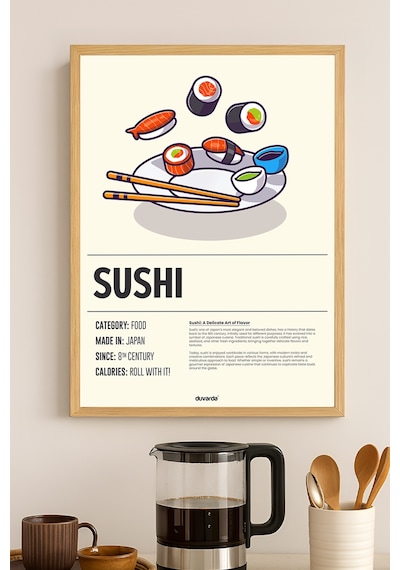 Sushi Ahşap Çerçeveli Poster, Dekoratif Mutfak Duvar Tablosu