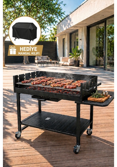 Pro Lüks Dev Kömürlü Mangal Barbekü Arabası Hediye Koruyucu Örtü 137 X 68 X 94 Cm Siyah