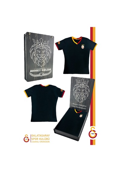 Galatasaray Lisanslı Siyah Basic Çocuk T-shirt Kişiye Özel Ahşap Kutululu SIYAH