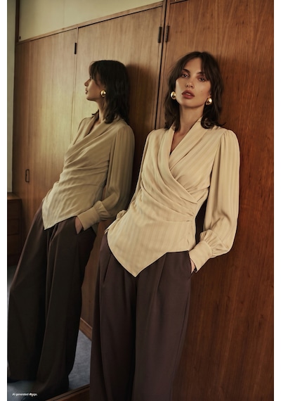 Sateen Çizgi Desenli Kruvaze Bluz - Bej-137833