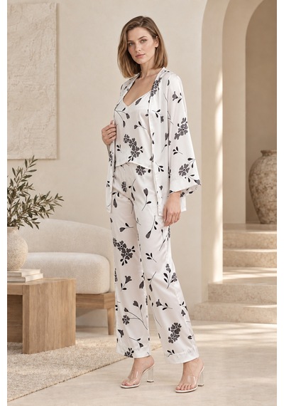 Loule Kadın Beyaz-siyah Çiçekli Kimonolu Saten Pijama Takımı Beyaz - Siyah