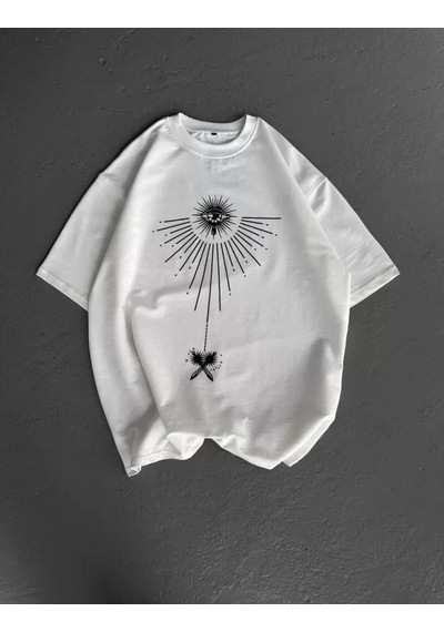 Suma Unisex Oversize Bisiklet Yaka Baskılı Beyaz T-shirt - Xl