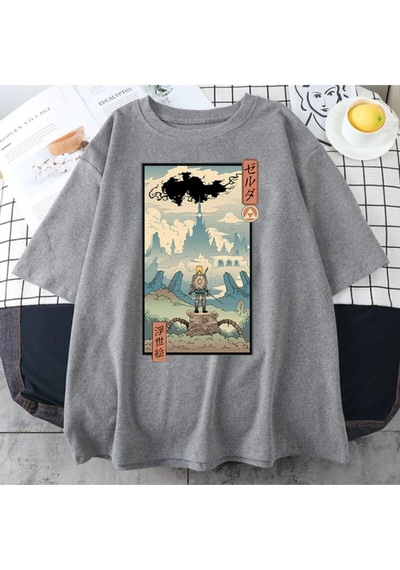 Flood Of Style Gri Erkek Anime Savaççı Baskılı Oversize Bisiklet Yaka Tshirt