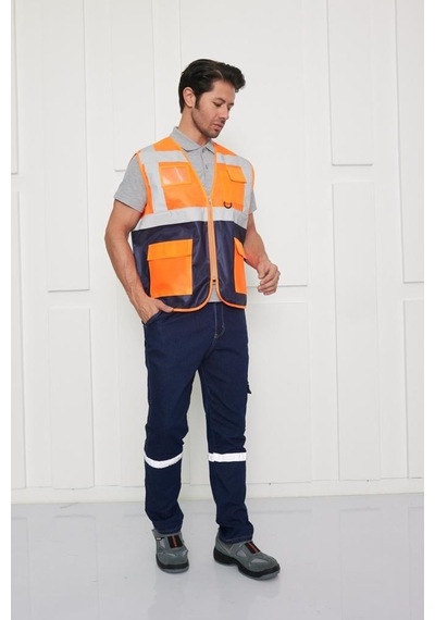 Orange Safety Mühendis Tipi İkaz Yeleği Turuncu-lacivert