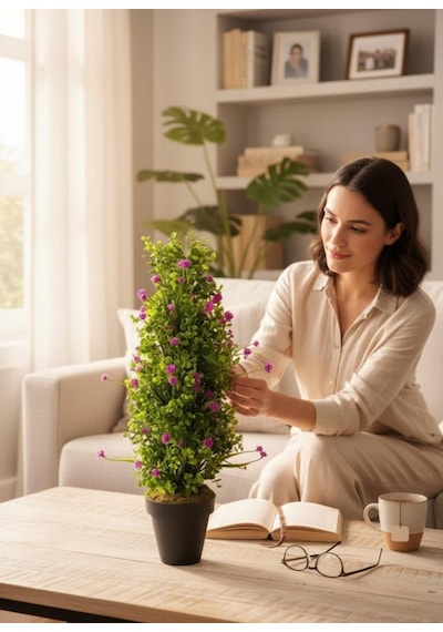 Yapay Çiçek Siyah Saksıda Mor Lotuslu Yeşil Şimşir Ağacı 70 30cm Mor