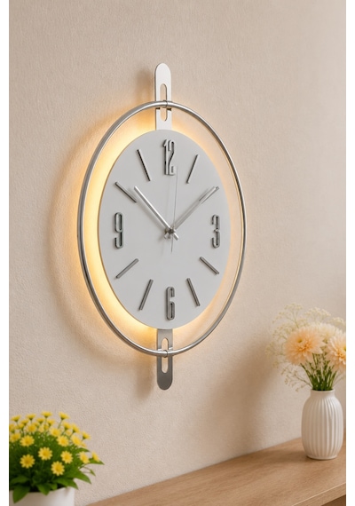 Pey Aksesuar 50x70 Cm Metal Ahşap Ve Işığın Muhteşem Uyumu Duvar Saati Dekoratif Ahşap-m54-kromgrı-beyaz-siyah-gold