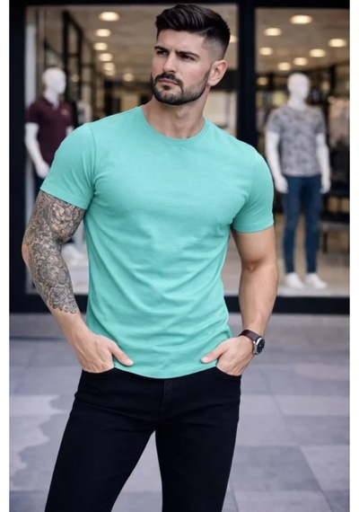 Butik İstanbul Erkek T-shirt Bisiklet Yaka Slim Fit Dar Kesim Likralı Tişört Günlük Basic Body - Turkuvaz Turkuaz