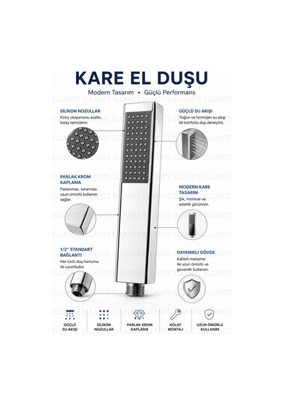 Kare El Duşu Başlığı Krom Paslanmaz Güçlü Su Akışlı Silikon Nozullu 1/2'' Universal Bağlantı Çok Renkli