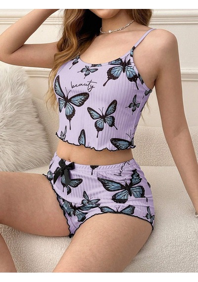Melonika Mor Renk Kelebek Desenli Şortlu Ev Giyim Takımı,kadın Yazlık Askılı Pijama, Rahat Ve Şık Ev Giyim Çok Renkli