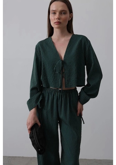 Defymoda Önü Bağlamalı Crop Takım - Yeşil Yeşil
