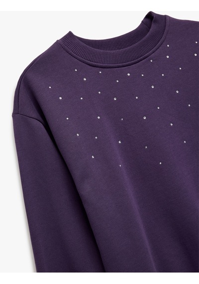 Koton Taş Detaylı Uzun Kollu Bisiklet Yaka Şardonlu Pamuklu Sweatshirt Mor 6wkg10084ak