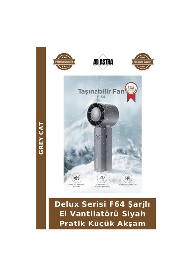 Delux Serisi F64 Şarjlı El Vantilatörü Siyah Pratik Küçük Akşam