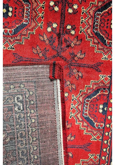 Afgan Halısı Bilicik Etnik Kunduz Otantik Desen Viskon Kırmızı Halı Bc01