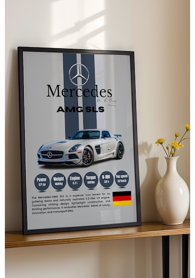 Mercedes Amg Sls Premium Spor Araba Çerçeveli Tablo - Teknik Özellikli Otomobil Sever Duvar Dekoru Siyah Mercedes Amg Sls Premium Spor Araba Çerçeveli Tablo - Teknik Özellikli Otomobil Sever Duvar Dekoru Siyah