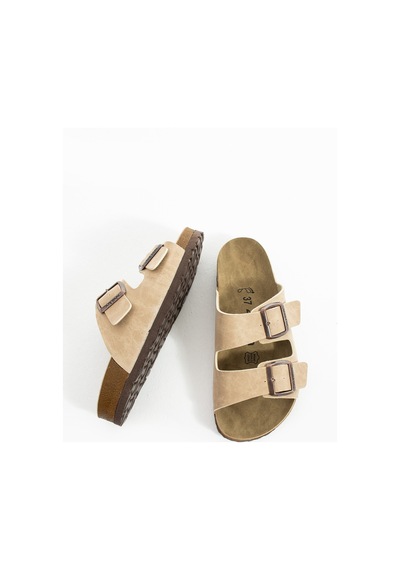 Polomia Comfort Mikanos Aryan Unisex Ortapedik Eva Taban Comfort Çift Bantlı Tokalı Günlük Rahat Sandalet Terlik Bej