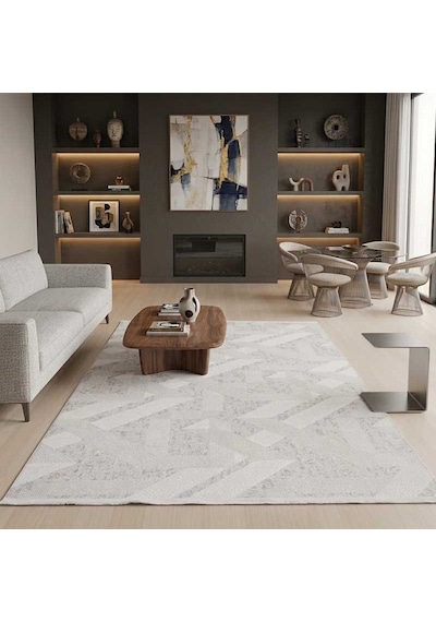 Modern Geometrik Desenli Kaymaz Jel Taban Halı Ve Yolluk Krem
