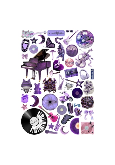 50 Adet Mor-pembe Müzik Temalı Sticker Seti - Etiket Seti Scrapbook Bullet Journal