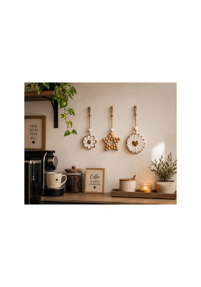 3 Lü Dekoratif Duvar Süsü Seti Çiçek Ve Ahşap Boncuk Yıldızlı Rustik Duvar Dekoru Bej - 910488838 Bej - 910488838