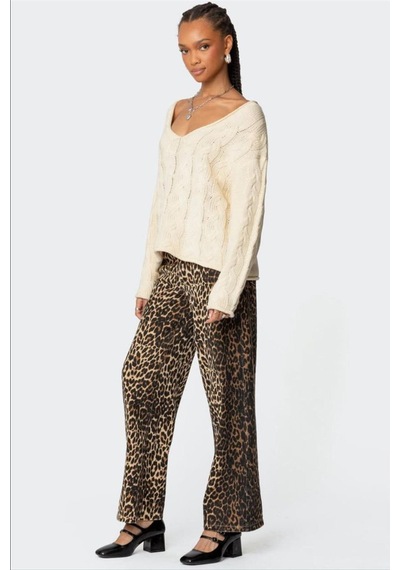 Madmext Ekru V Yaka Örgü Desen Oversize Kadın Kazak Mg2519 Ekru