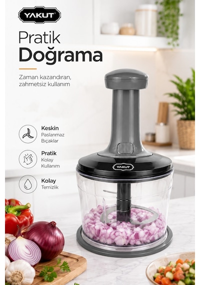 Üstten Basmalı Manuel Doğrayıcı Rondo Sebze Meyve Soğan Sarımsak Pratik Mutfak Doğrayıcı Gri