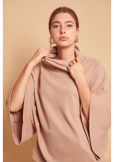 Jument Degaje Yaka Balıkçı Yarasa Model Rahat Kesim Oversize Triko Bluz-koyu Bej K.bej