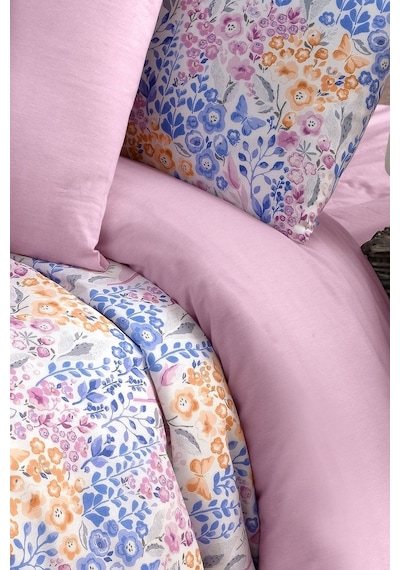 Mystory Home  Lastikli Çarşaflı Çift Kişilik Nevresim Takımı Colore Mavi - Pembe - Turuncu