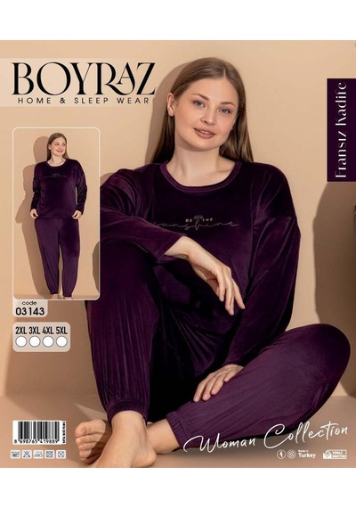Boyraz Kadın Kışlık Fransız Kadife Büyük Beden Bisiklet Yaka Uzun Kol Pijama Takımı 03143 - 1 Adet Mor Boyraz Kadın Kışlık Fransız Kadife Büyük Beden Bisiklet Yaka Uzun Kol Pijama Takımı 03143 - 1 Adet Mor