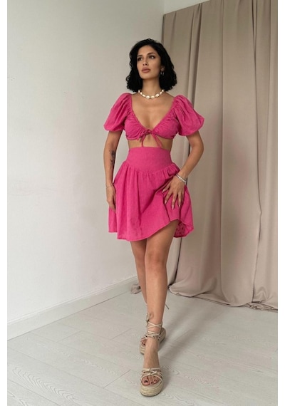 Butik İstanbul Fuşya Brode Crop Ve Mini Etek Takım