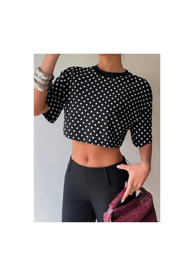 Hımmelduf Kadın Puantiye Desenli Crop Tişört Basic Oversize Yazlık Bluz Siyah