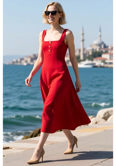 Benerly Kadın Midi Boy Kare Yaka Kalın Askılı Kolsuz Scuba Krep Elbise Be Kırmızı