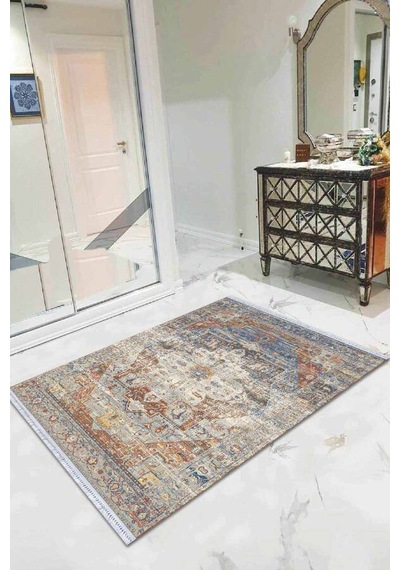 Mavi Vintage Dokuma Pamuk Tabanlı Kaymaz Kilim Klm332n11