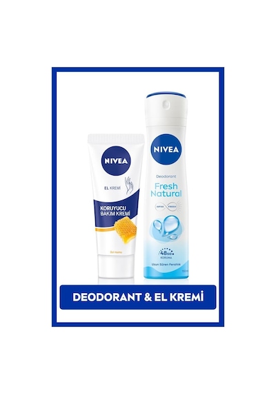 Nivea Fresh Natural 48 Saat Kadın Sprey Deodorant 150 ML + Nemlendirici ve Koruyucu El Bakım Kremi 75 ML