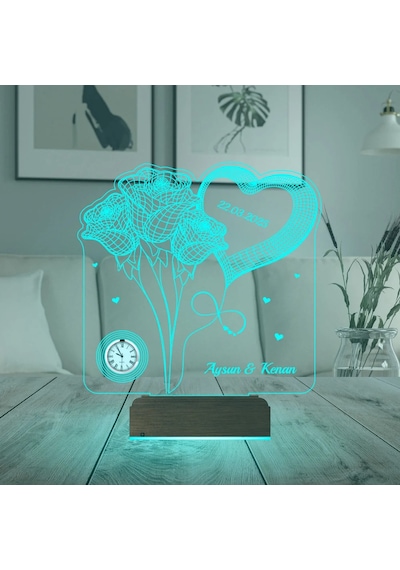 Luvivia Gül Kalp Sevgiliye Hediye Kişiye Özel Metal Saatli 3d Lamba - Masa Gece Lambası