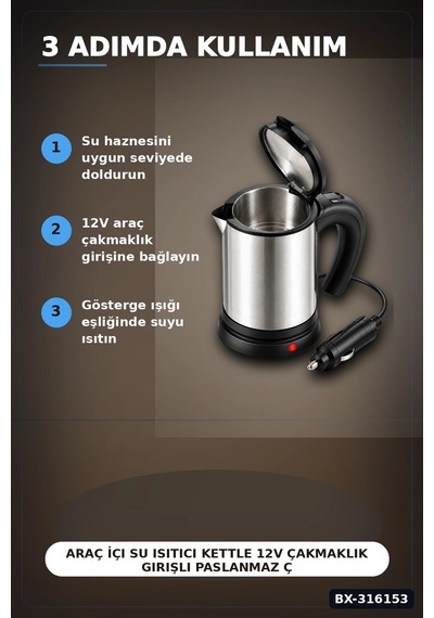 Araç İçi Su Isıtıcı Kettle 12v Çakmaklık Girişli Paslanmaz Çelik Termos Bardak Bx-316153