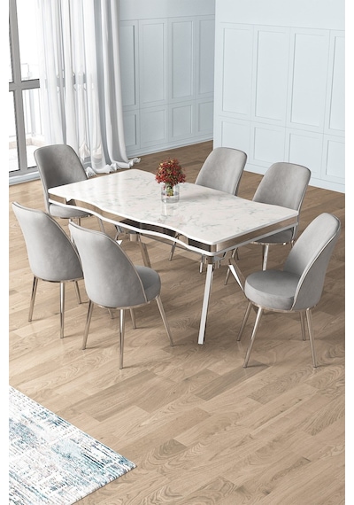 Canisa Prah Serisi 90x160 Lak Panel Beyaz Mermer Desen Krom Ayak Masa Takımı 6 Gri Sandalye Beyaz Mermer Desen Masa Sandalyeler Gri Canisa Prah Serisi 90x160 Lak Panel Beyaz Mermer Desen Krom Ayak Masa Takımı 6 Gri Sandalye Beyaz Mermer Desen Masa Sandalyeler Gri